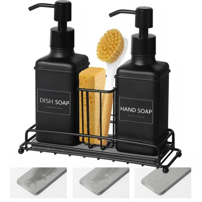 Dish Soap Dispenser With Adjustable Sponge Holder, 10 Fl Oz Kitchen Hand And Dish Soap Dispenser Set, Matte Black Bottle And Vintage Design | Wayfair North America