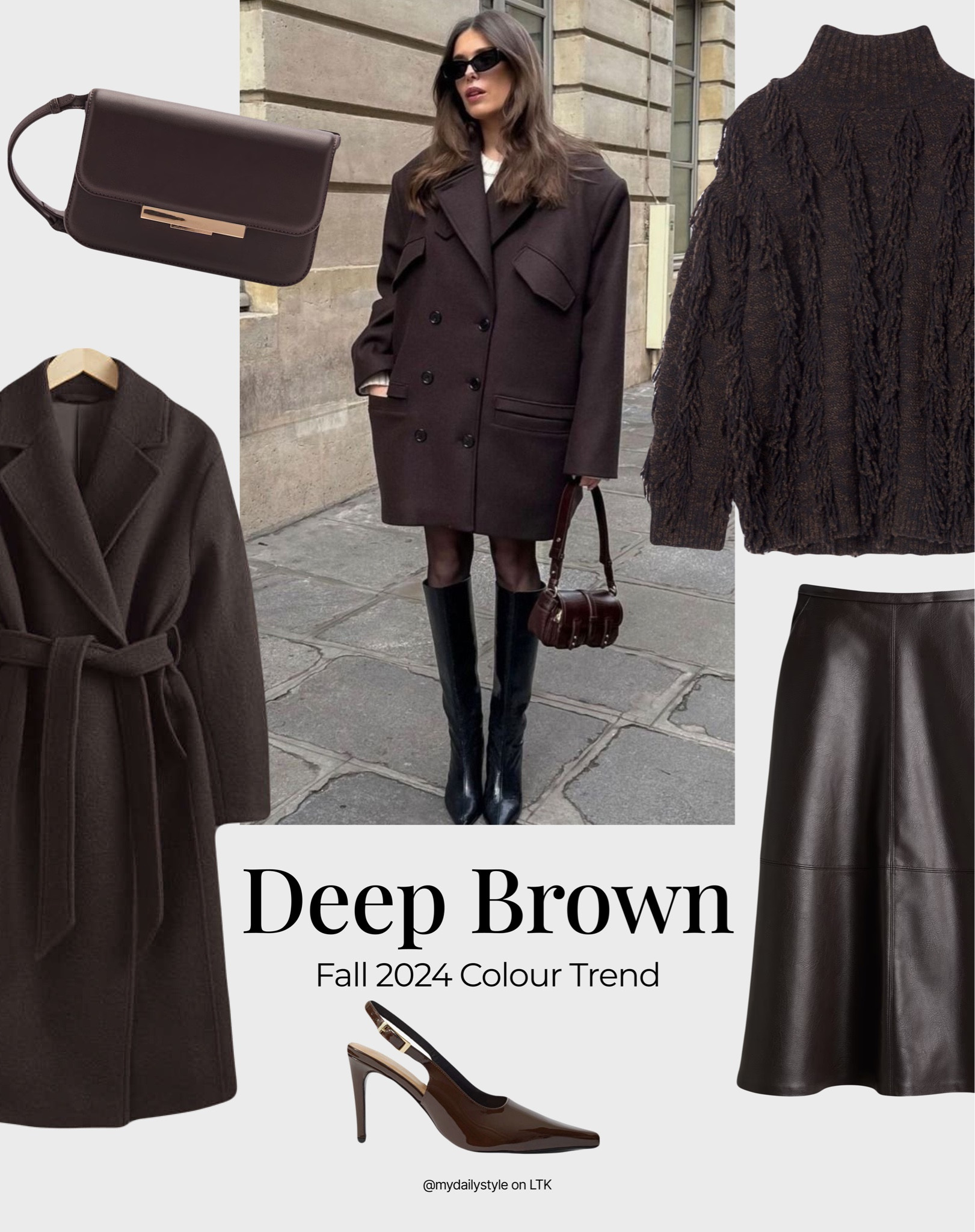Chocolate brown is the perfect fall shade for everyone! Whether you're a statement-lover or trend-seeker, it fits in with various aesthetics. So, I’ve chosen the most gorgeous deep brown pieces & prepared outfit ideas with them (check them out in my profile) 🖤

Tags: chocolate brown, deep brown, brown shade,  fall style, pre-fall, autumn style, fall outfit, autumn outfit, fall fashion, autumn fashion, easy styling, simple everyday look, chic & basic outfit, Parisian look, casual outfit, capsule wardrobe, office look, brunch style, high street.

#FashionMonth 

#LTKbag #LTKstyletip #LTKautumn
