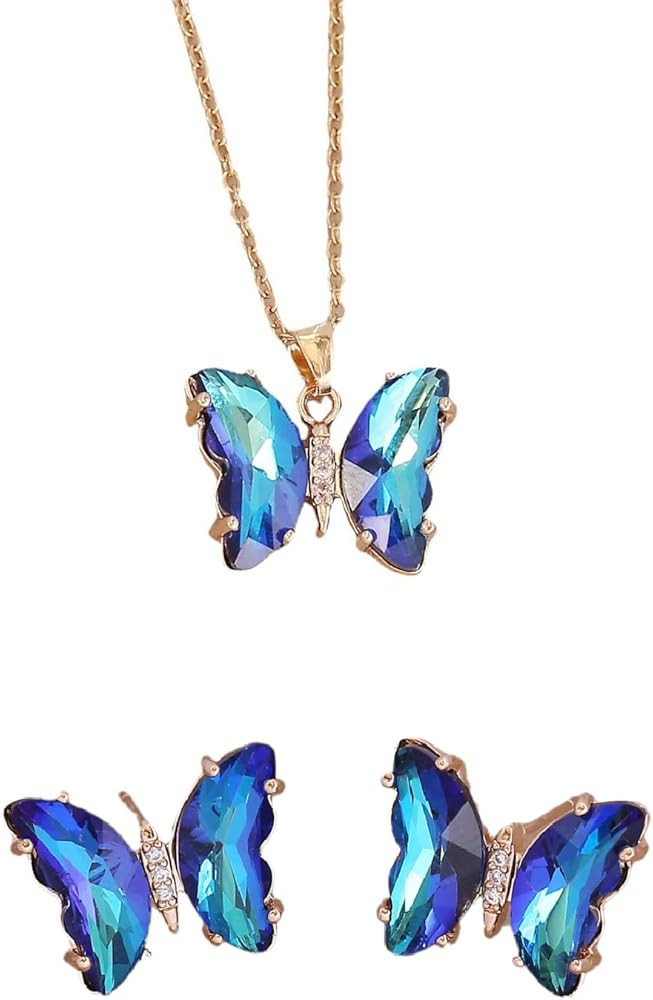 Crystal Butterfly Pendant Necklace,Crystal Zircon Dangle Earrings Purple Butterfly Stud Earring f... | Amazon (US)