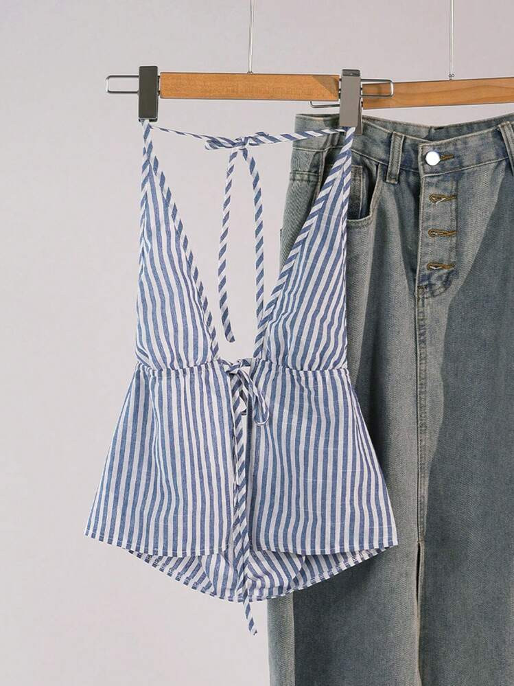 Flirla Women's Casual Striped Halter Neck Tie Cami Top, Summer Graphic Tees Women Tops | SHEIN