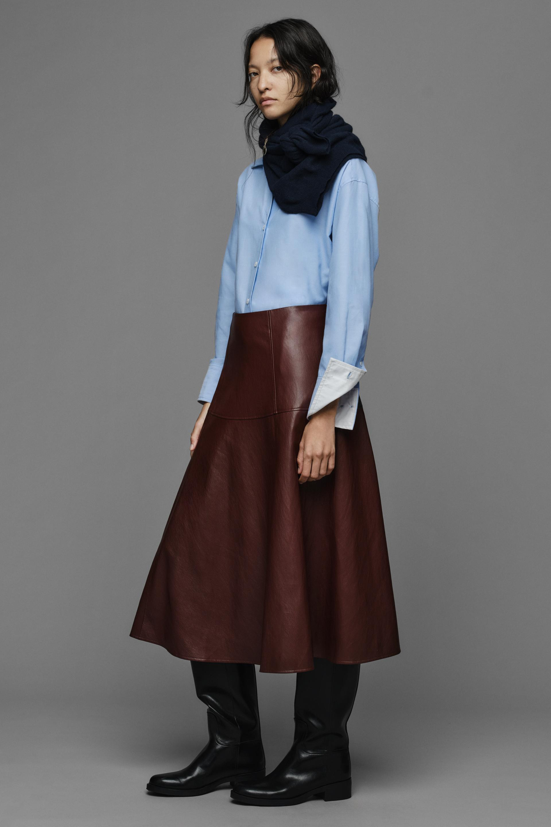 Zara - Faux Leather-Effect Midi A-Line Skirt - Burgundy - M - Woman | Zara US