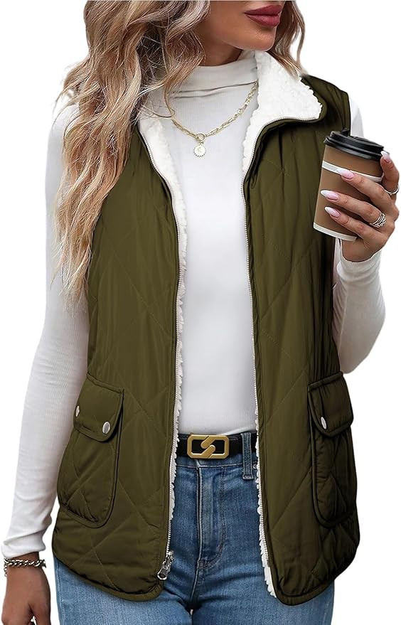 SHEWIN Women Puffer Vest Casual Stand Collar Sleeveless Puffer Jacket Warm Winter Reversible Zip ... | Amazon (US)