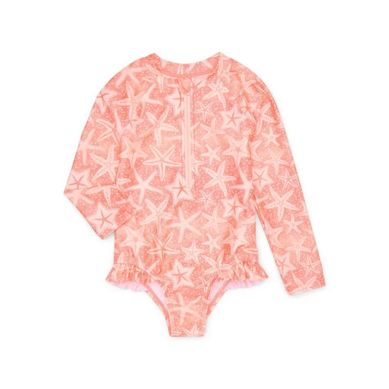 Wonder Nation Baby and Toddler Girls Quarter Zip Ruffle Swimsuit with Long Sleeves, Sizes 12M-5T | Walmart (US)