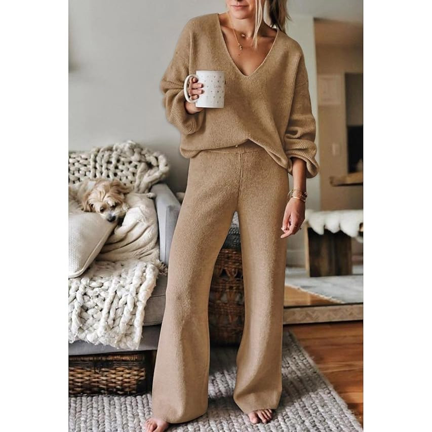 Viottiset Women's 2 Piece Outfits Casual V Neck Knit Wide Leg Sweater Lounge Set Sweatsuit | Amazon (US)