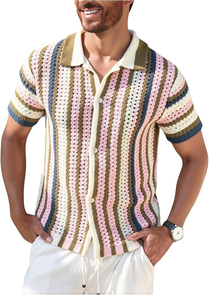 Men's Striped Crochet Shirt Hollow Out Button Down Short Sleeve Collared Knit Tops | Amazon (US)