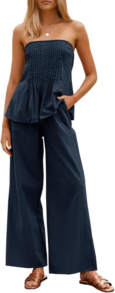 Tankaneo Womens 2 Piece Outfits Summer Strapless Tube Tops Wide Leg Pants Cotton Vacation Pleated... | Amazon (US)
