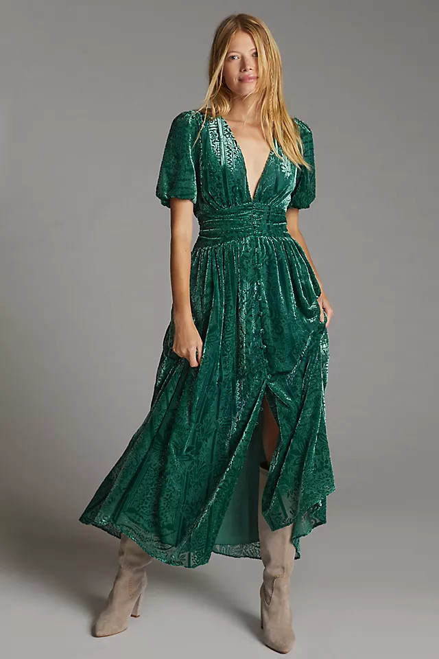 Puff-Sleeved Burnout Velvet Maxi Dress | Anthropologie (US)