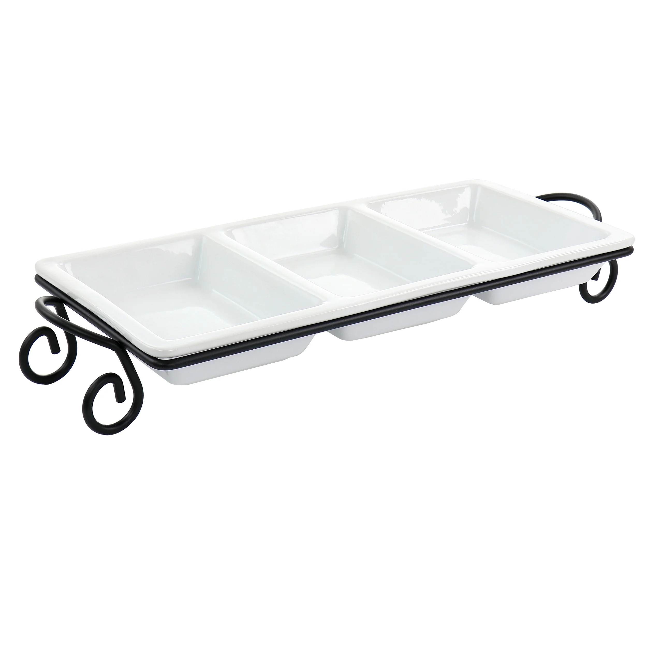 Elama 3 Section Divided Porcelain Rectangle Serving Tray in White with Metal Rack | Walmart (US)
