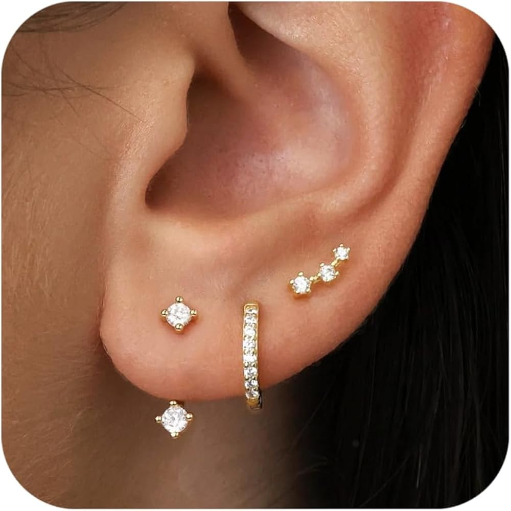 Gold Stud Earrings Set for Women, 3 Pairs Huggie Hoop Jacket Studs Earring Stack for Multiple Pie... | Amazon (US)