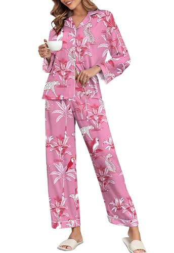 Brosloth Satin Pajamas for Women 2 Piece Lounge Set Silk Long Sleeve Cheetah Floral Print Pjs Button Down Soft Pajama Sleepwear Rose Pink 2XL | Amazon (US)