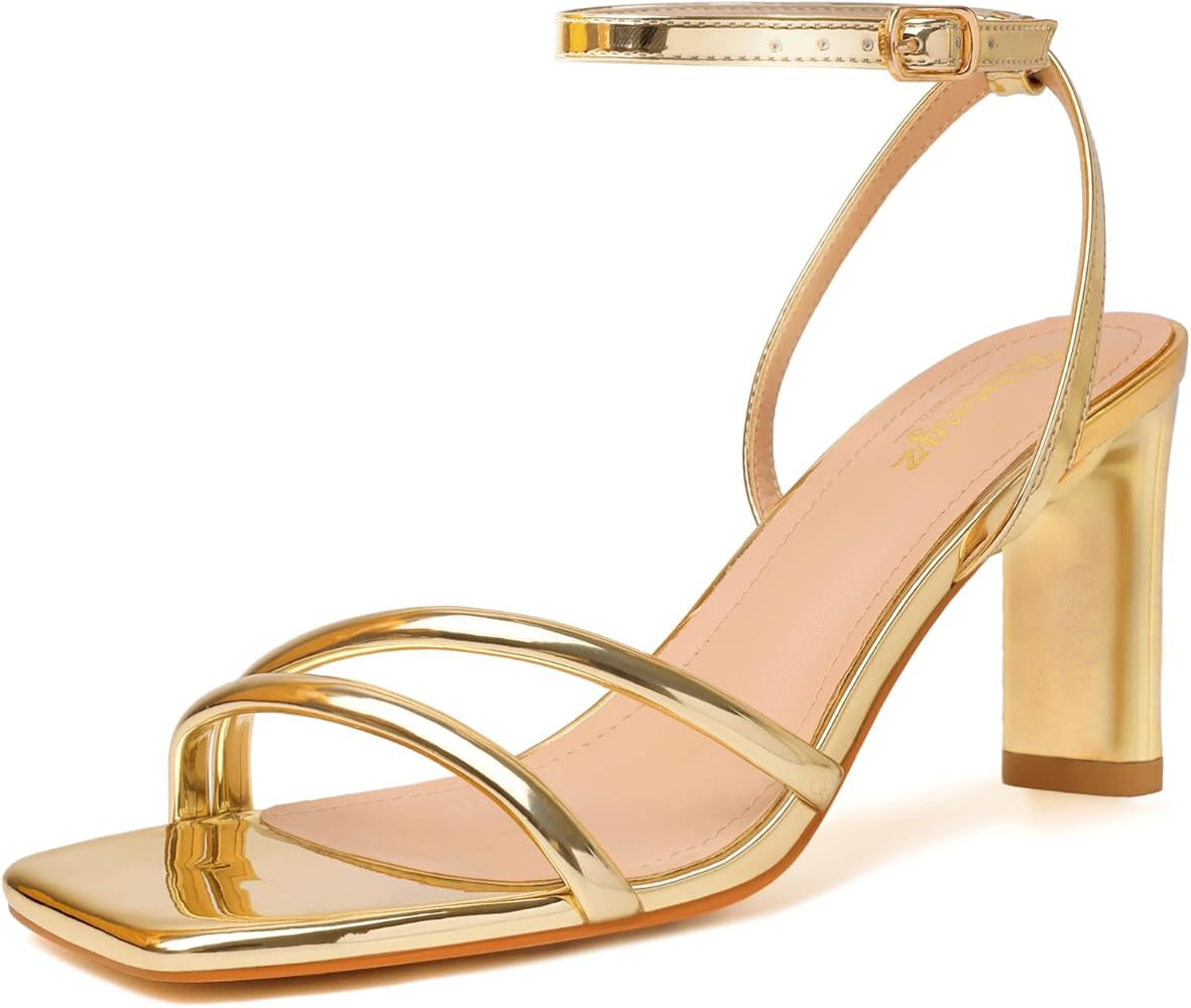 RIBONGZ Womens Strappy Heels Square Open Toe High Heels for Women Ankle Strap Chunky Heeled Sanda... | Amazon (US)