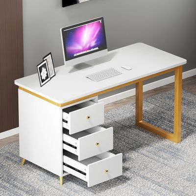 Modern 1800mm White Home Office with Drawers & Side Cabinet Wood Computer Desk in Gold -Homary | Homary