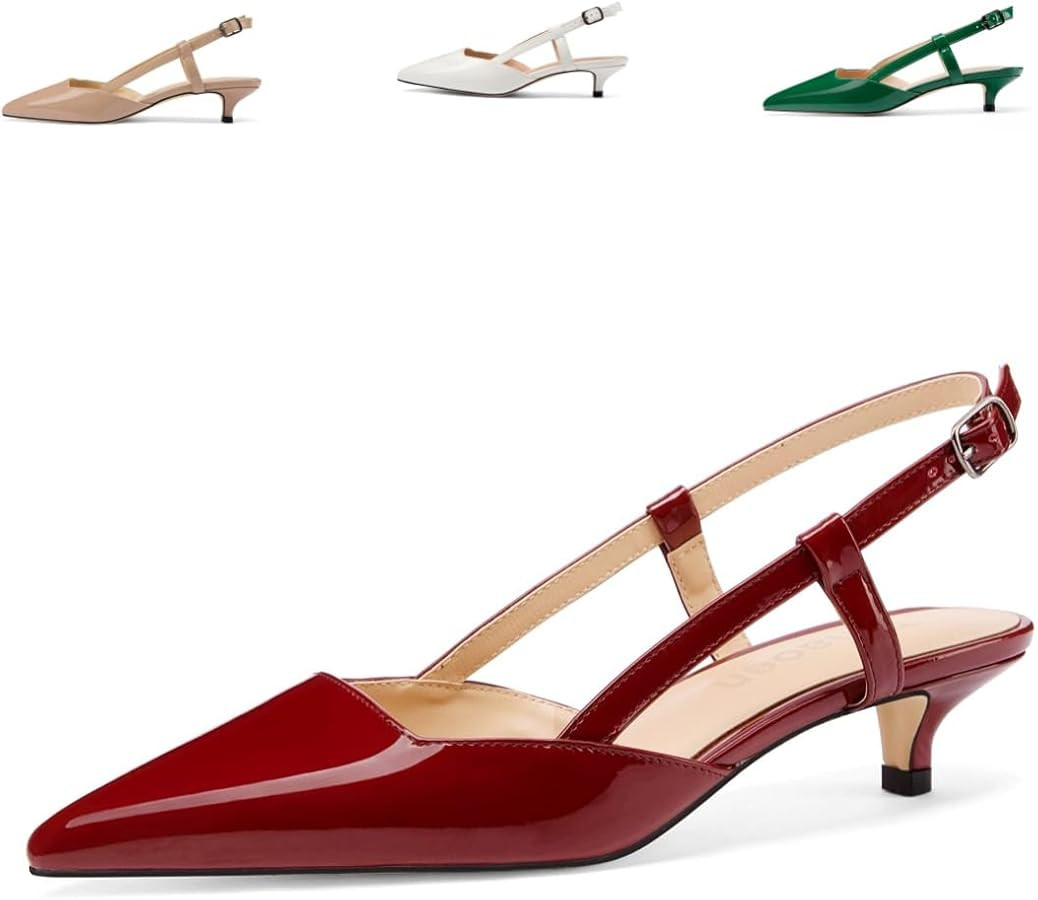 Women's Slingback Patent Leather Pointed Toe Strap Kitten Low Heel Pumps Shoes 1.5 Inch | Amazon (US)