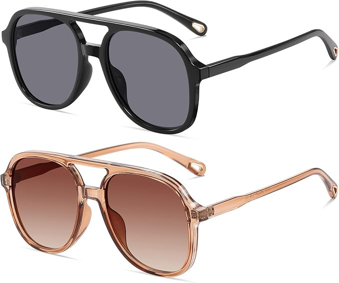 Retro Square Aviator Sunglasses for Womens Mens Vintage 70s Double Bridge Sun Glasses | Amazon (US)