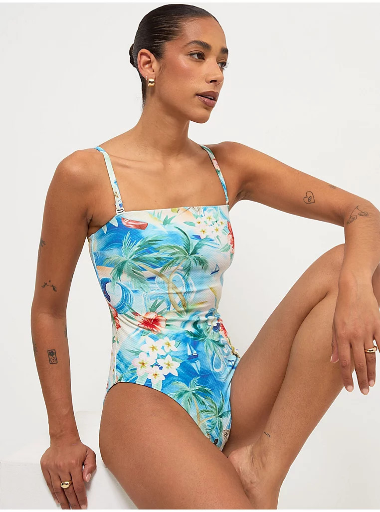 Surf Print Textured Bandeau Swimsuit | George