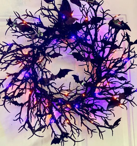 Halloween Wreath Bat Wreath Fall Decor Fairy Lights Gothic - Etsy | Etsy (US)