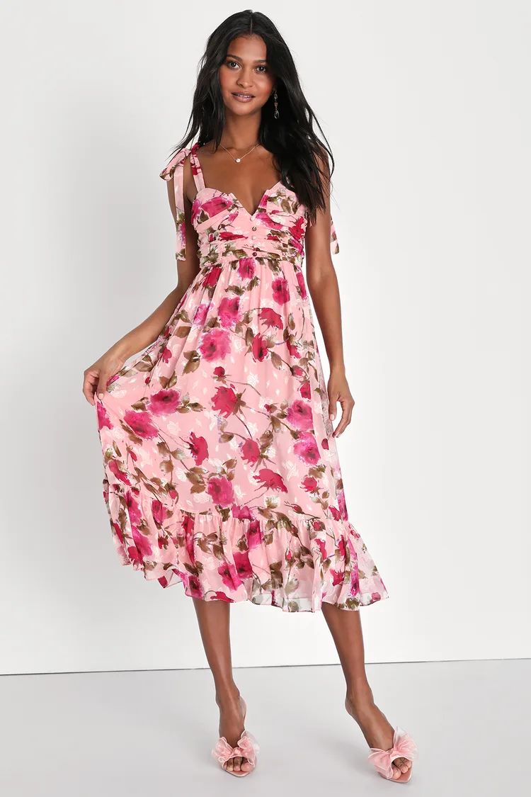 Lush Loveliness Pink Floral Jacquard Tie-Strap Midi Dress | Lulus (US)