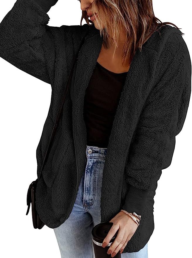 Vetinee Women Casual Fuzzy Fleece Hooded Cardigan Pocket Faux Fur Outerwear Coat | Amazon (US)