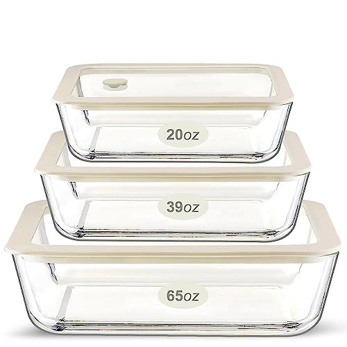 Glass Food Container Set with Glass Lid, Large Size 3 Pack, Glass Food Storage Containers with Si... | Amazon (US)