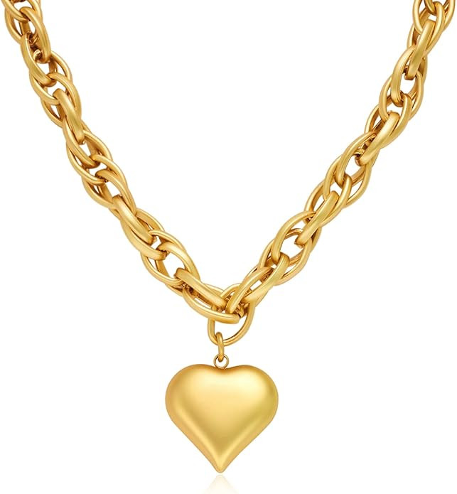 Gold Heart Pendant Necklace Chunky Multistrand Paperclip Choker Necklace Fashion Jewelry For Wome... | Amazon (US)