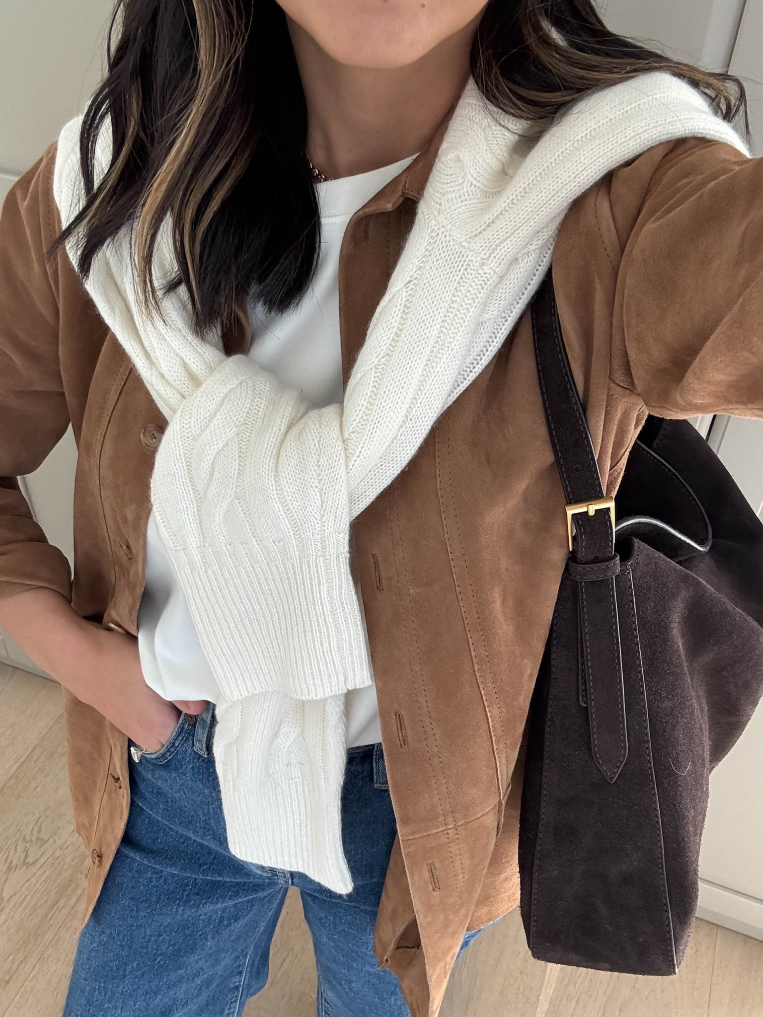 A girls day out on the perfect fall day here is your exact outfit

Sezane Suede jacket small
Aritzia T-shirt, medium
Aritzia jeans size 26 – cut hems. Old. Linked new version. 
J.Crew cashmere cableknit, medium
Staud ankle booties 5.5
J.Crew bag
Celine sunglasses