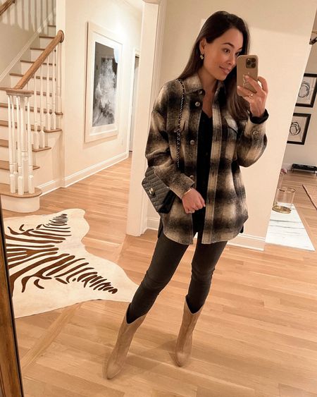 Kat Jamieson of With Love From Kat wears a winter outfit. Plaid shacket, cashmere sweater, dark grey denim, suede booties, Chanel bag, classic style, neutral style. 

#LTKshoecrush #LTKSeasonal #LTKstyletip