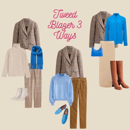 How to wear a tweed blazer 3 ways. Tweed blazer and trousers, camel knit, cream boots, bright blue scarf, bright blue shirt, knit skirt, tan boots, bright blue bag, camel cord jeans, blue loafers, blue lace sweater

#LTKeurope #LTKover40 #LTKstyletip