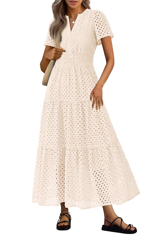 PRETTYGARDEN Womens 2025 Summer Maxi Dress Short Sleeve V Neck Hollow Out Eyelet A Line Long Flow... | Amazon (US)