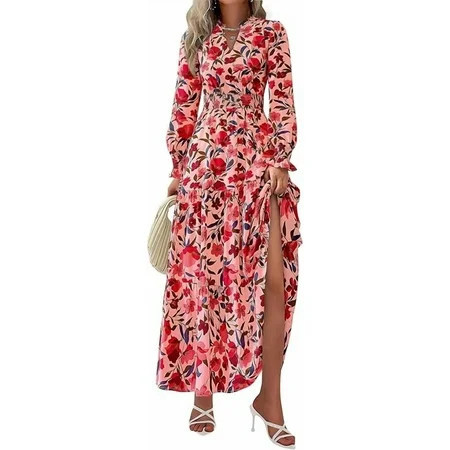 PRETTYGARDEN Women's Floral Maxi Dress Spring Long Sleeve V Neck Casual A Line Long Flowy Boho Party Dresses | Walmart (US)