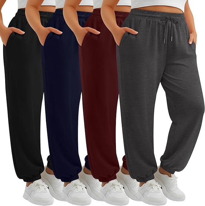 4 Pack Women's Plus Size Sweatpants, Drawstring Loose Fit Joggers Pants Comfy Casual Athletic Pan... | Amazon (US)