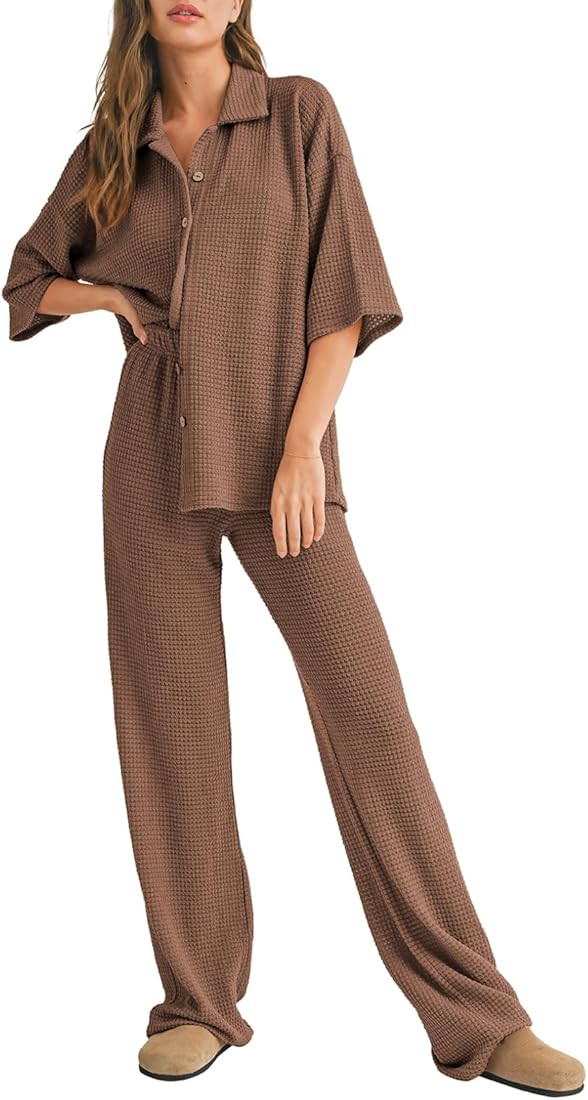 SHEWIN Women's 2 Piece Outfits Casual Waffle Knit Short Sleeve Button Summer Tops Matching Wide L... | Amazon (US)