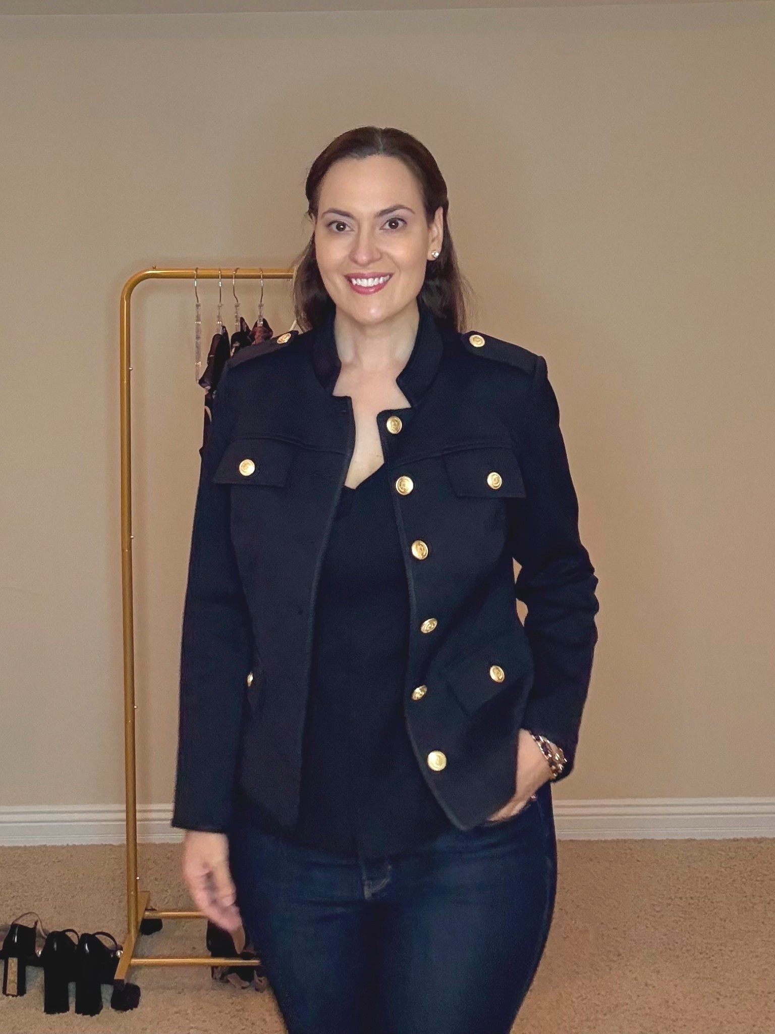 The jacket is a ponte material with gold buttons - wear with jeans or to work with pants or over a dress. The v-neck ponte sleeveless top is a peplum style and zips up the front. 

#LTKOver40 #LTKootd #LTKSaleAlert