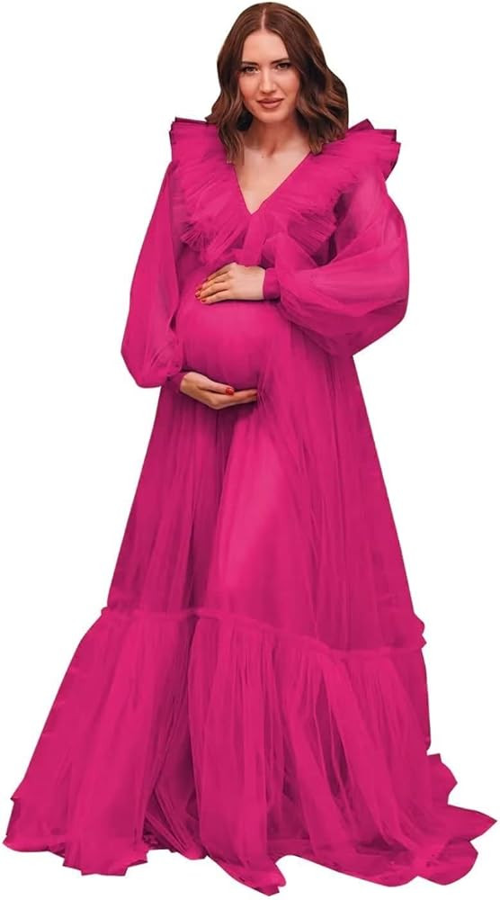 Tulle Ruffles Maternity Dress for Photoshoot Puffy Long Sleeve V Neck Baby Shower Lingerie Pregna... | Amazon (US)