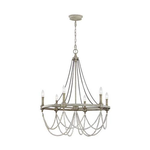 Beverly French Washed Oak and Distressed White Wood Six-Light Chandelier | Bellacor