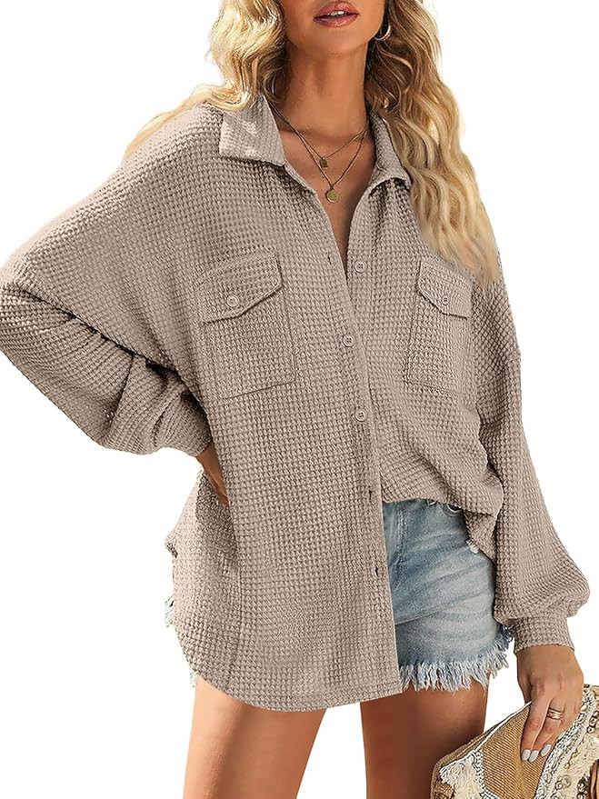 AUTOMET Womens Waffle Knit Shackets Oversized Button Down Shirts Flannel Jackets Loose Fit Long S... | Amazon (US)
