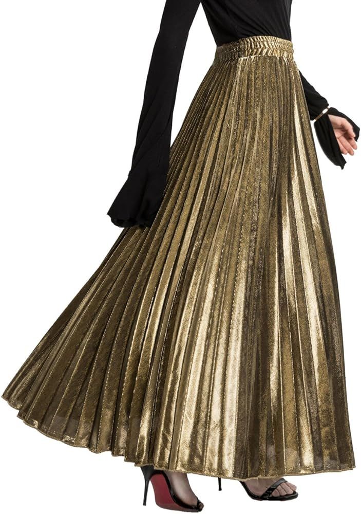 CHARTOU Women's Premium Metallic Shiny Shimmer Accordion Pleated Long Maxi Skirt | Amazon (US)