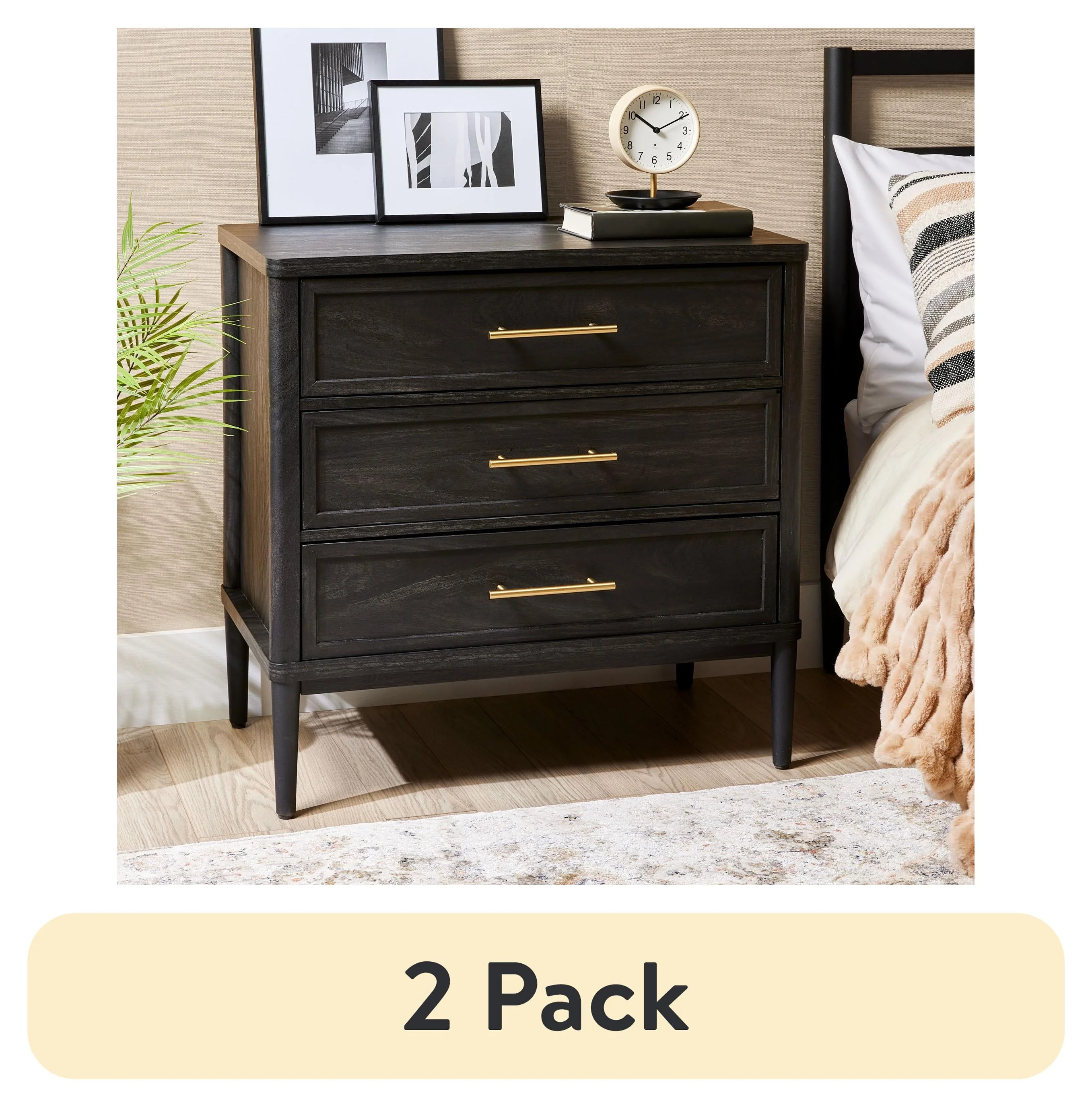 (2 pack) Better Homes & Gardens Oaklee 3 Drawer Nightstand with USB, Charcoal | Walmart (US)