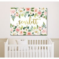 Floral Girl Nursery Name Sign Wall Art Blush Pink Gold Coral Flowers Bedroom Decor Monogram Personalized Baby Shower Gift Canvas C859 | Etsy (US)