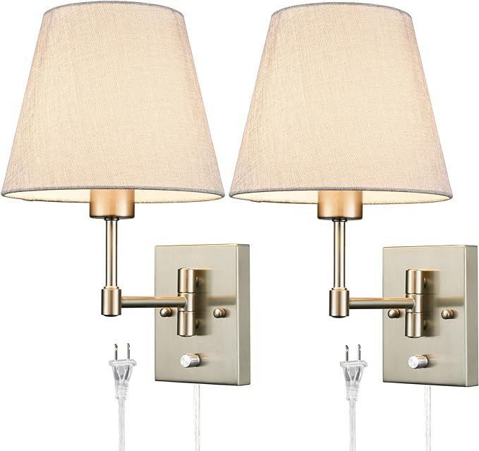 SAMTEEN Swing Arm Wall Sconces Set of Two Plug in Wall Lamp with Grey Fabric Shade and On Off Swi... | Amazon (US)