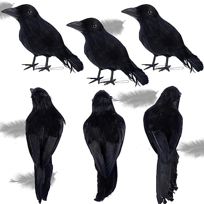 ATDAWN 6 Pack Halloween Black Feathered Crows, Realistic Looking Halloween Birds Decoration | Amazon (US)