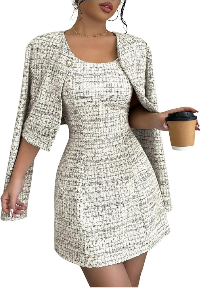 SOLY HUX Women's 2 Piece Plaid Long Sleeve Button Cropped Jacket Dress Set | Amazon (US)