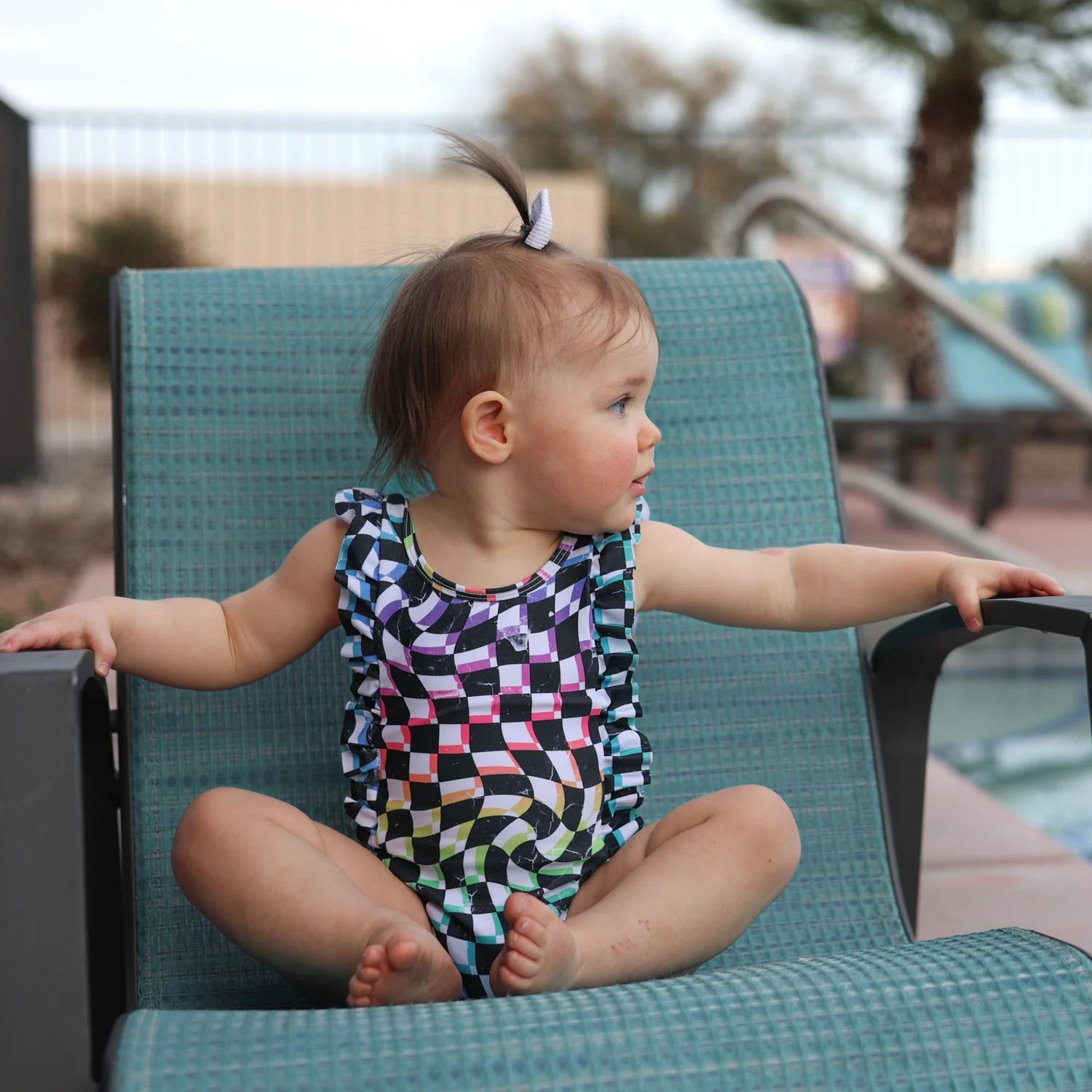 RUFFLE SWIMSUIT- Neon Dizzy Check | millie + roo