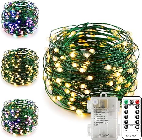ErChen Dual-Color LED String Lights (Warm White/Multicolor), Green Copper Wire 66FT 200 LEDs Batt... | Amazon (US)