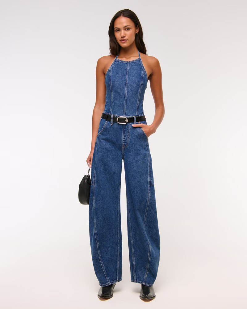 Women's Halter Barrel Denim Jumpsuit | Women's Dresses & Jumpsuits | Abercrombie.com | Abercrombie & Fitch (US)