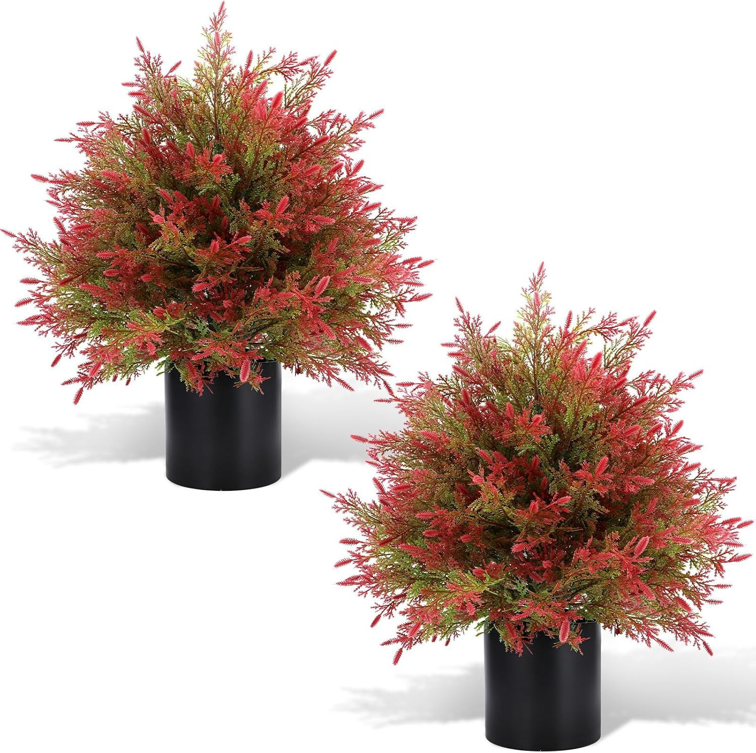Artificial Fall Cedar Topiary Trees in Pot, 2 Pack UV Resistant Faux Greenery Shrubs, Fall Decoration for Outdoors, PE Material, Realistic Autumn Plants for Outside (Red Green Cedar) | Amazon (US)