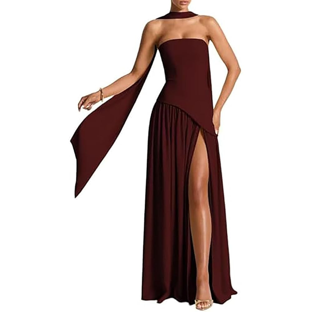Women Strapless Corset Asymmetrical High Split Flowy Maxi Dresses Evening Gown Wedding Guest Dres... | Amazon (US)
