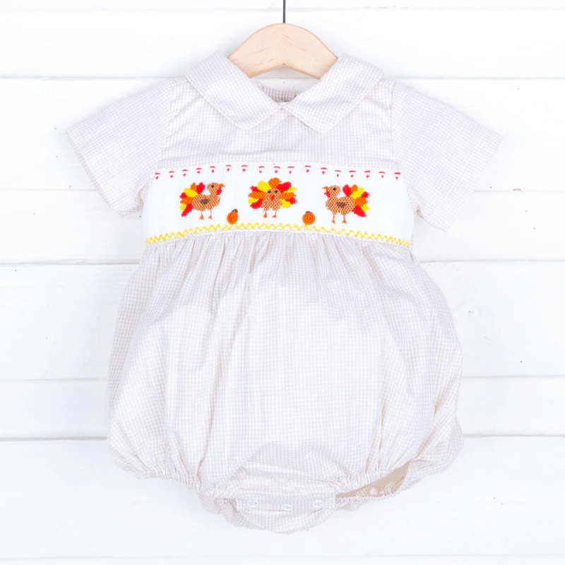 Smocked Turkey Khaki Gingham Boy Bubble | Classic Whimsy