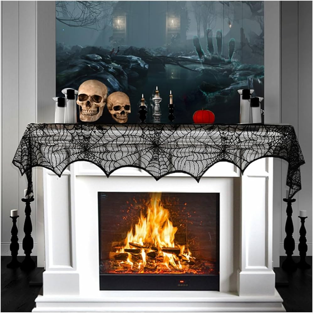 Halloween Cobweb Fireplace Scarf, Black Lace Spiderweb Mantle Scarf for Halloween Home Party Supp... | Amazon (US)