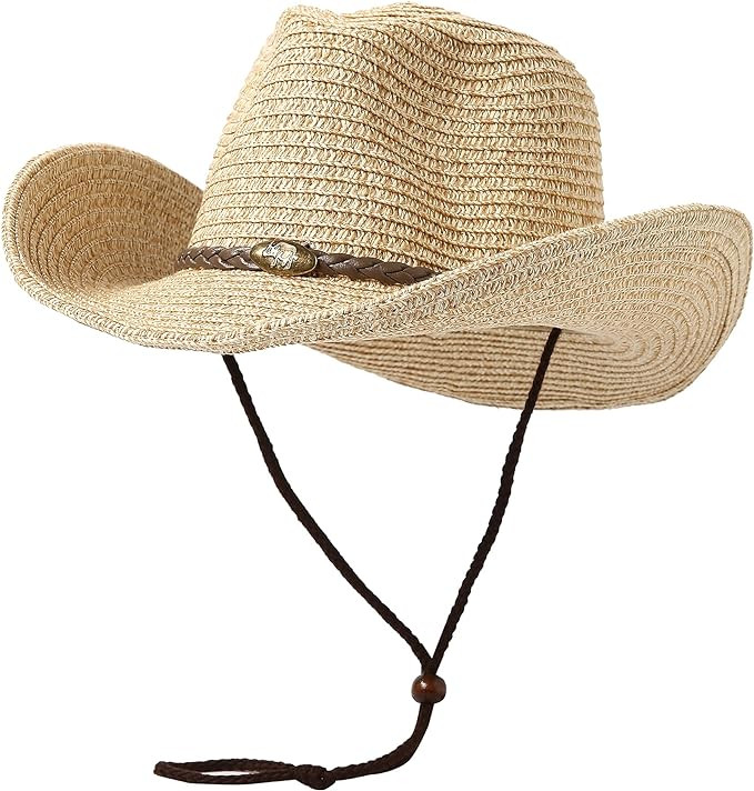 Lanzom Womens Straw Beach Sun Hat Packable Summer Cowboy Straw Hats with Wind Lanyard | Amazon (US)