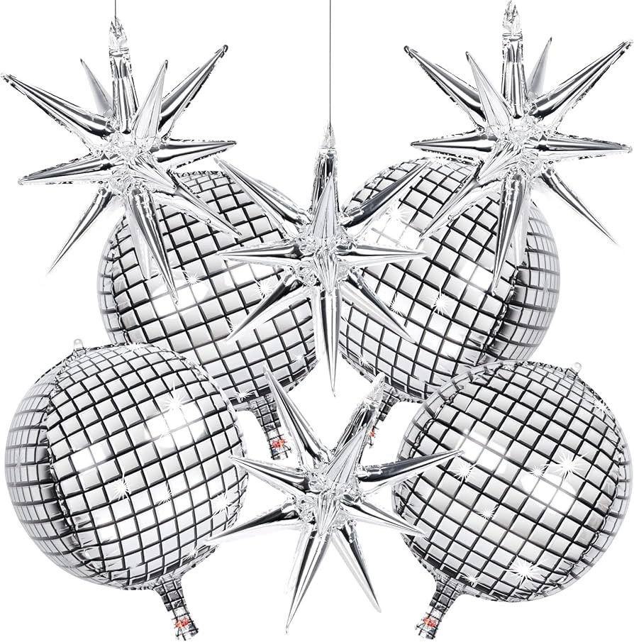 8 PCS 22Inch Silver Disco Ball Ballons, 4D Large Foil Balloons with Metallic Star for 70s Disco D... | Amazon (US)